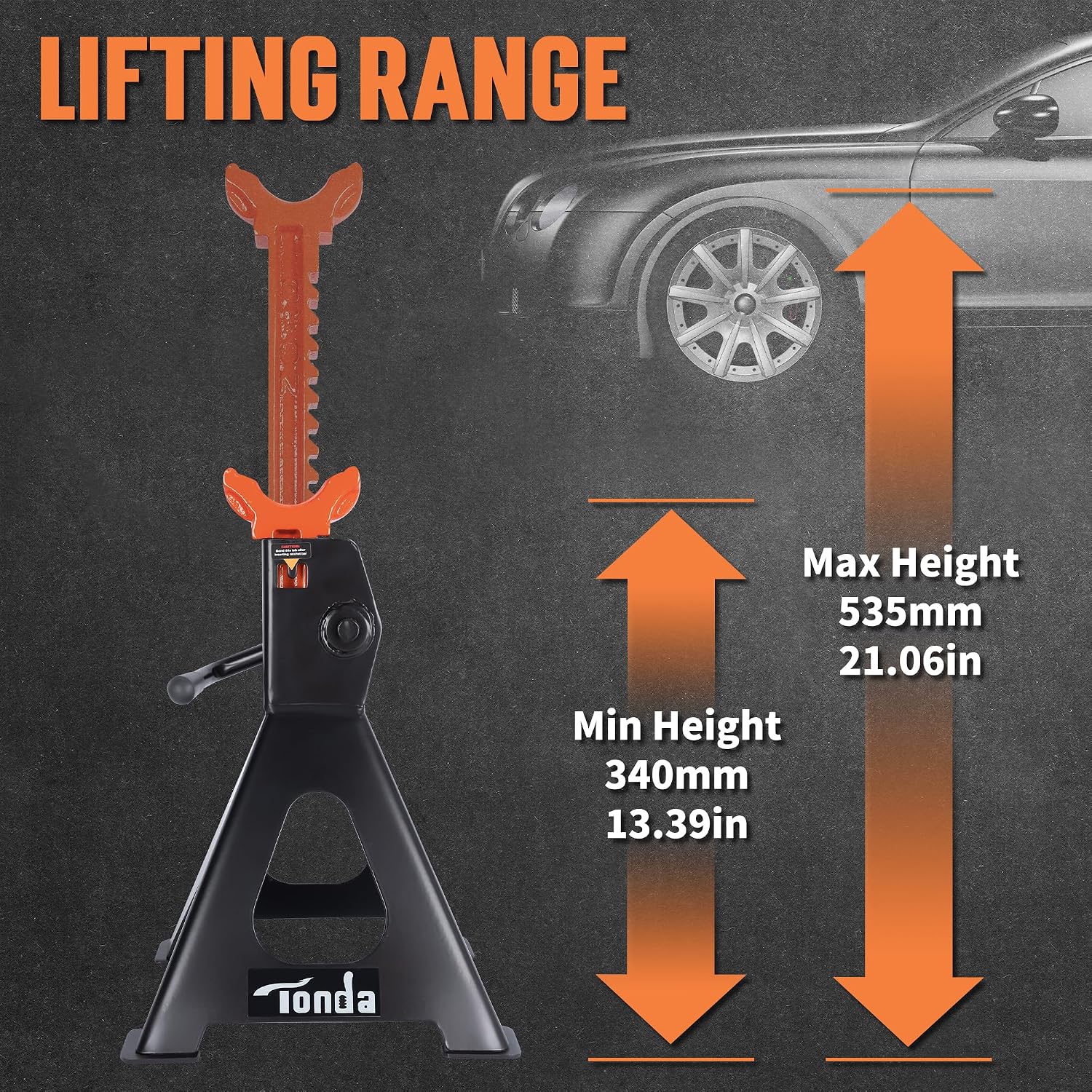TONDA Jack Stands 3 Ton, Extra Tall Heavy Duty, Black, 1 Pair | 13.39“-21.06” Adjustable Height, For SUV, MPV and UTV/ATV, Self-locking Ratcheting,