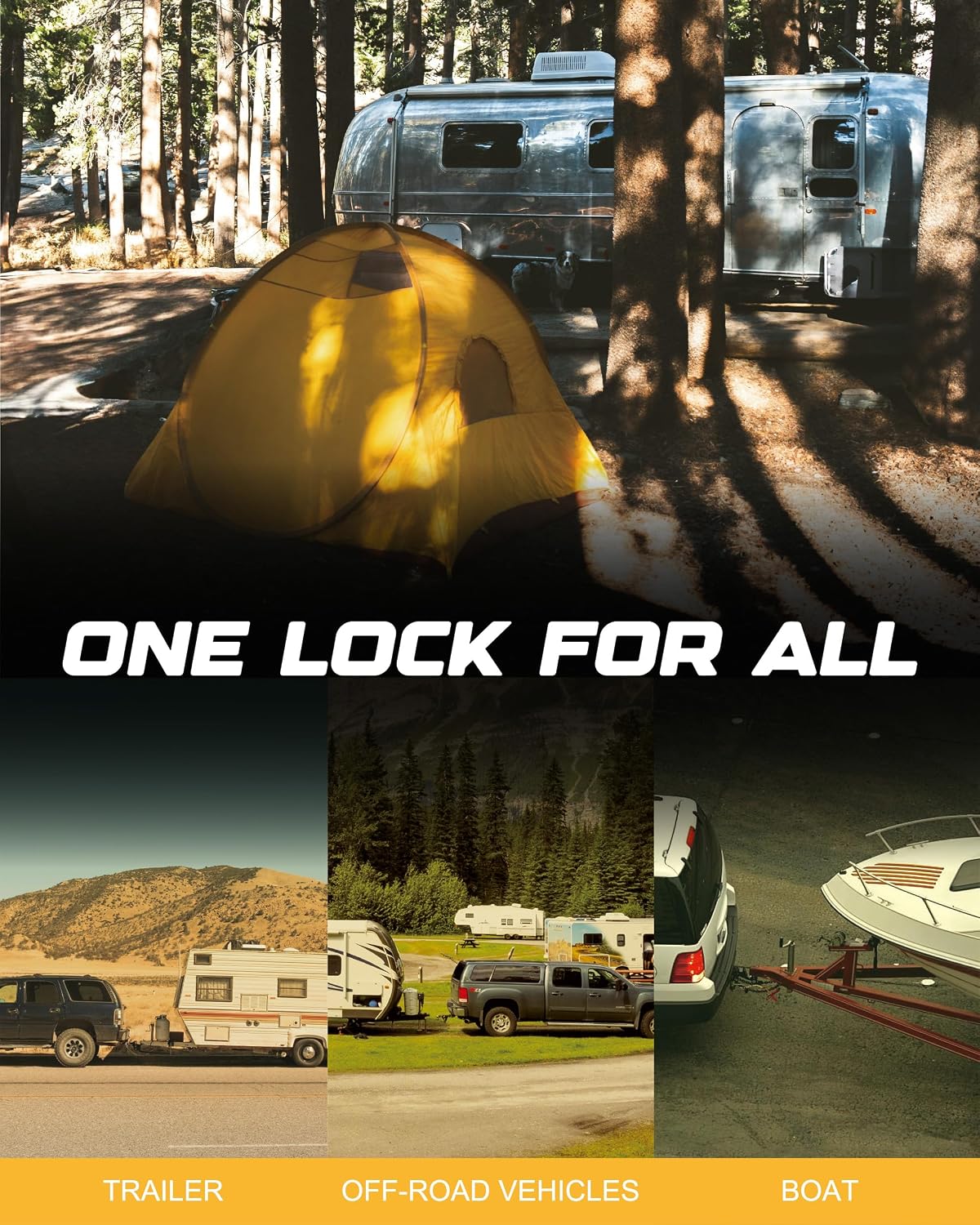 RETRUE Universal Coupler Lock Trailer Locks Ball Hitch Trailer Hitch Lock Adjustable Security Heavy-Duty Steel Fits 1-7/8 Inch, 2 Inch, 2-5/16 Inch Couplers, Bright Yellow, Light Weight