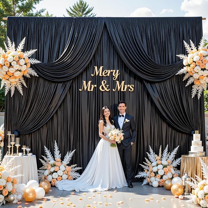 10x10 ft Black Glitter Backdrop Curtain for Parties, Wrinkle Free Satin Photo...
