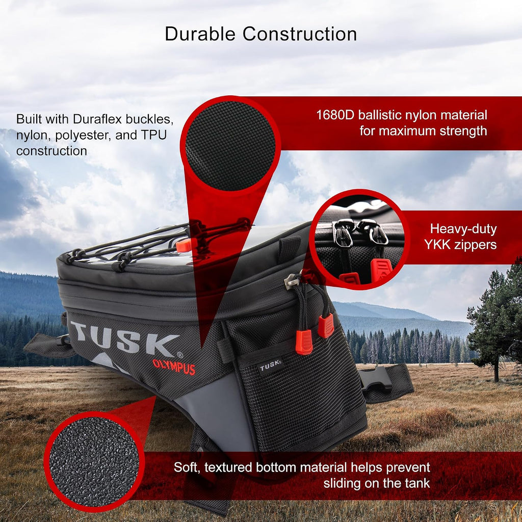 TUSK Olympus Tank Bag Large – 8L Motorcycle Luggage, Black/Grey, Waterproof Zippers, Phone Map Pocket, Fits ADV, Dual Sport, Touring, and Dirt Bikes