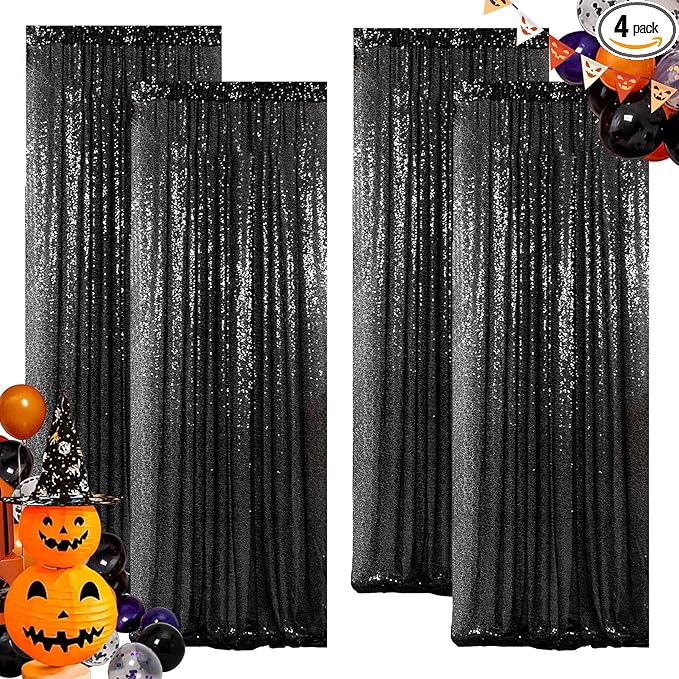 ShinyBeauty Black Sequin Curtains 2FTx8FT 4 Panels | Sparkly Photo Backdrop f...