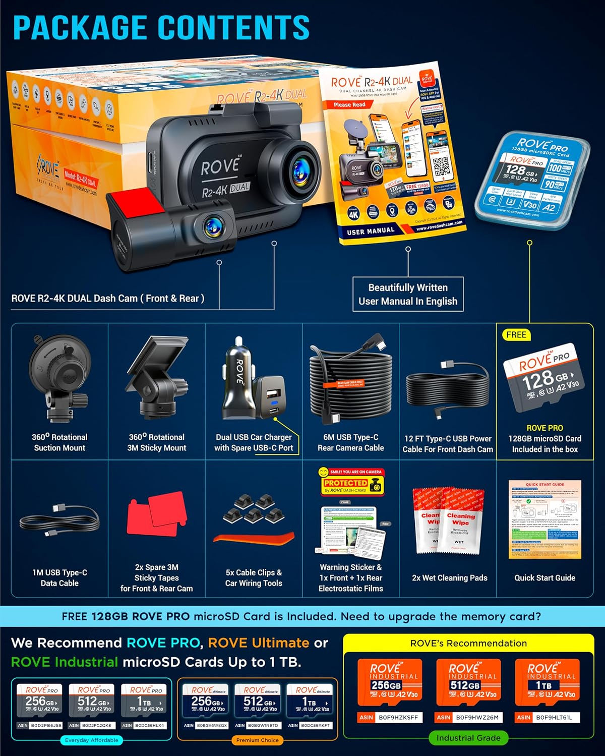 rove r2-4k dual dash cam front and rear, package contents