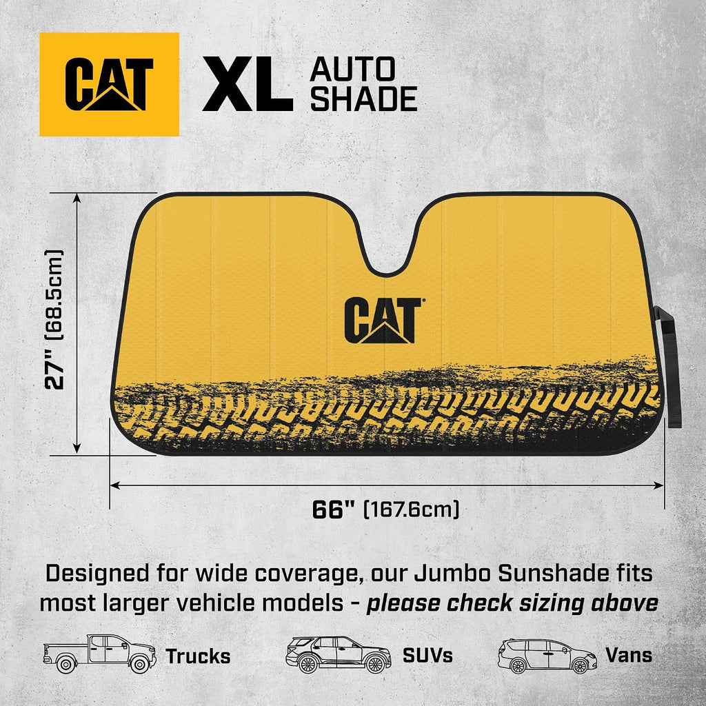 CAT Auto Shade for Trucks – Jumbo 65"x27" Accordion Folding Sunshade with Bold Yellow Tire Tracks Design – Heavy-Duty Windshield Cover for Maximum UV Protection & Interior Cooling