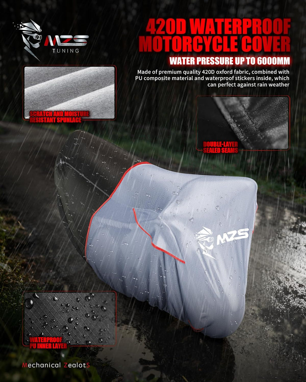 MZS Motorcycle Cover Waterproof Outdoor, Heavy Duty All Season Weather Sun Protection with Storage Bag Vents Night Reflective Cotton Lining Lock Holes fits up to 86" Motorbikes Vehicle Covers