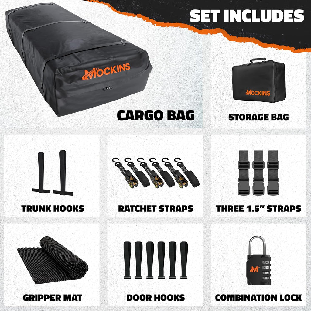 Mockins XXL 50 CuFt Heavy Duty Car Rooftop Cargo Carrier Bag 85"x50"x20" | Massive Car Luggage Roof Carrier Bag | All-Weather 840D Vinyl Vehicle Soft-Shell Carriers with Mat, Lock, Straps & Hooks