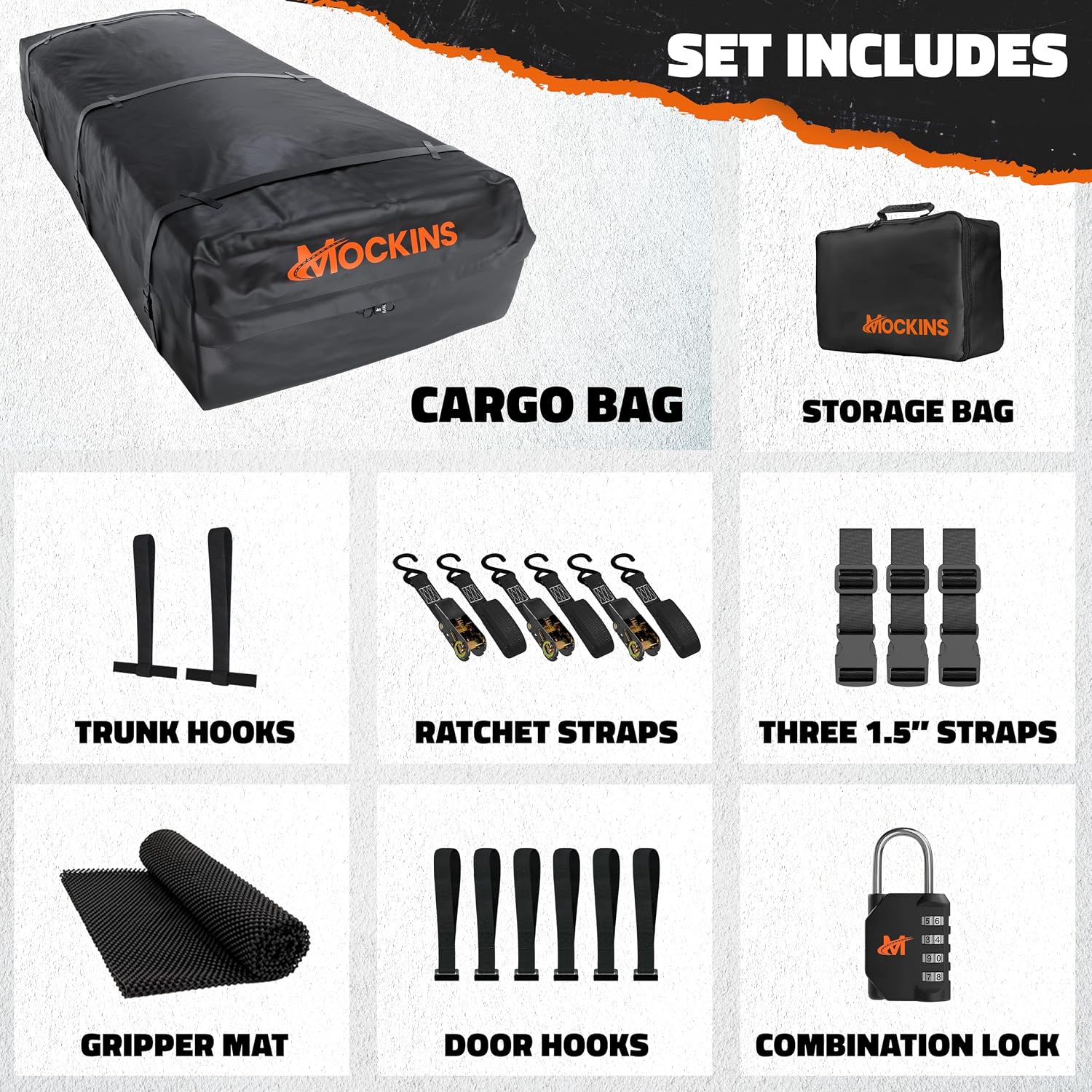 Mockins XXL 50 CuFt Heavy Duty Car Rooftop Cargo Carrier Bag 85"x50"x20" | Massive Car Luggage Roof Carrier Bag | All-Weather 840D Vinyl Vehicle Soft-Shell Carriers with Mat, Lock, Straps & Hooks