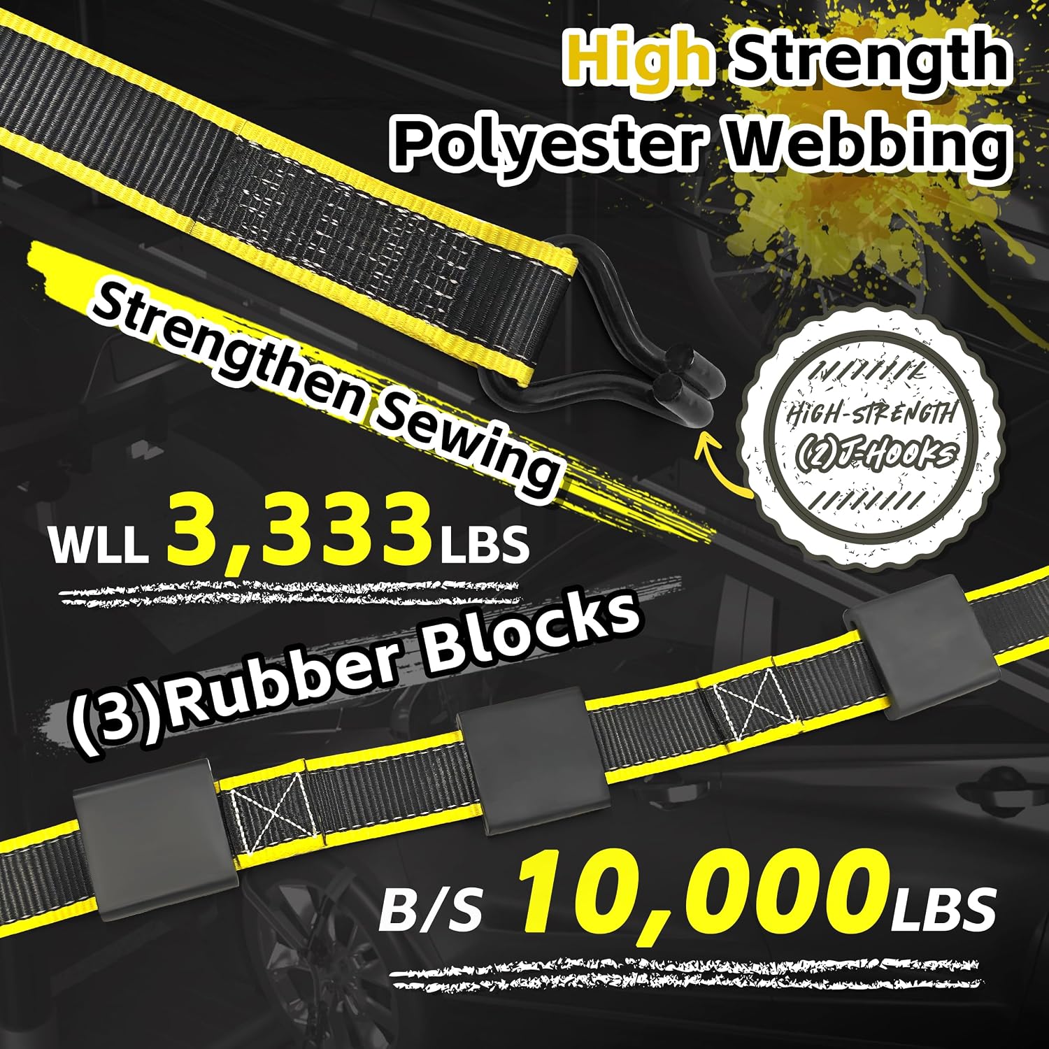 KJE Reflective Car Tie Down Straps for Trailers 4 Pack- Premium Tire Ratchet Strap with (3) J Hooks (3) Rubber Blocks - 2" x 10' 10,000LBS Break Strength - Wheel Straps for Hauling UTV, SUV, Any Cars