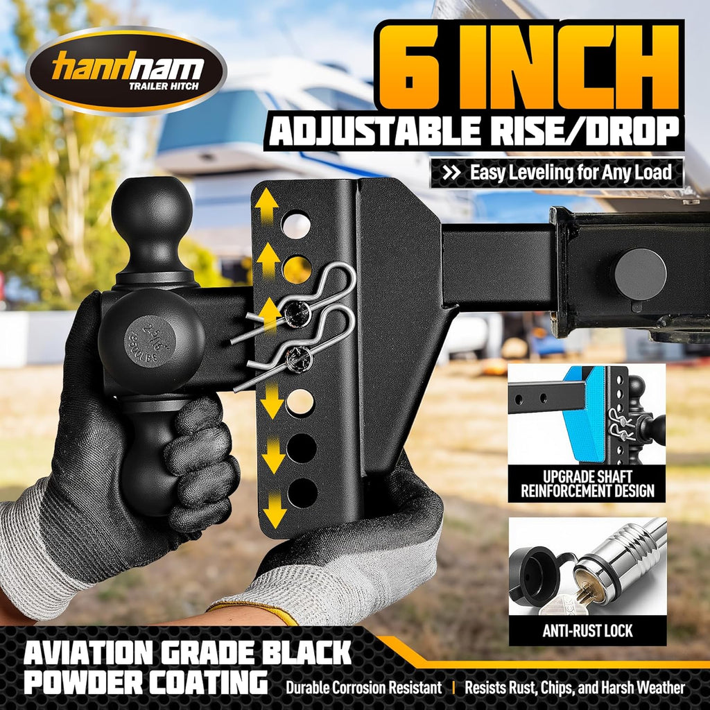 Drop Hitch Adjustable Trailer Hitch, Tow Hitch with 6-Inch Drop/Rise for Truck (16,500 LBS GTW), Adjustable Drop Hitch Fits 2-Inch Receiver, Trailer Hitches with Double Anti-Theft Pins Locks
