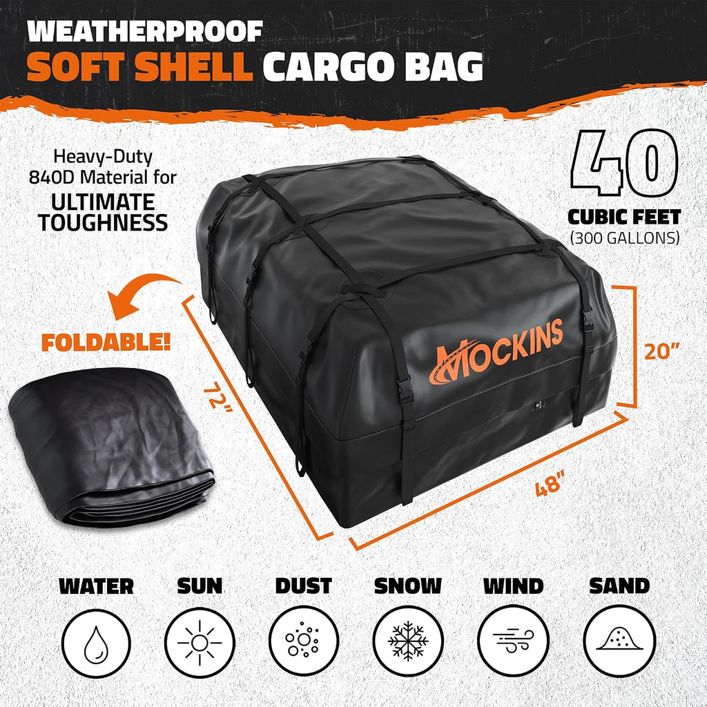 Mockins 40 CuFt XXL Soft-Shell Car Roof Bag 72"x48"x20" with Accessories | Waterproof Rooftop Cargo Carrier for Top of Vehicle | Car Top Carrier Without Roof Rack for Car, Truck, SUV, Van & RV