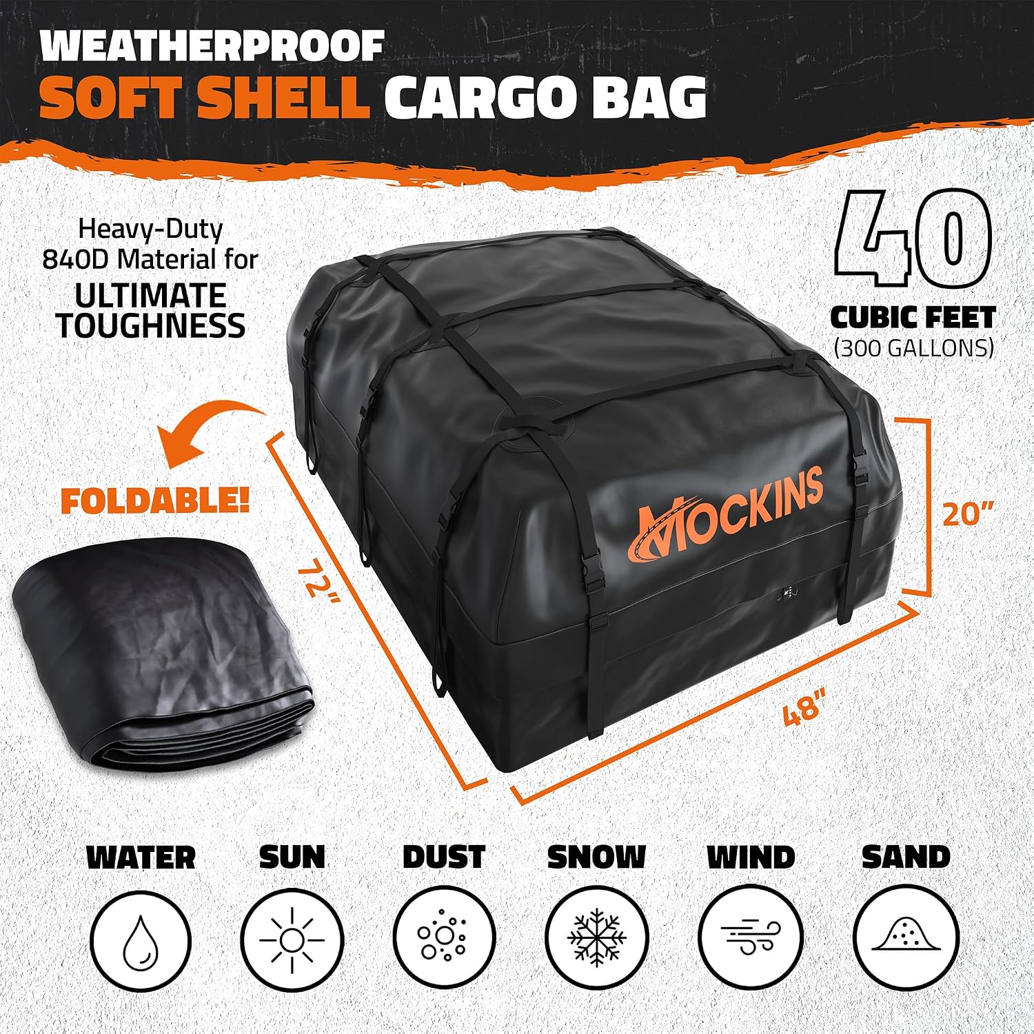 Mockins 40 CuFt XXL Soft-Shell Car Roof Bag 72"x48"x20" with Accessories | Waterproof Rooftop Cargo Carrier for Top of Vehicle | Car Top Carrier Without Roof Rack for Car, Truck, SUV, Van & RV