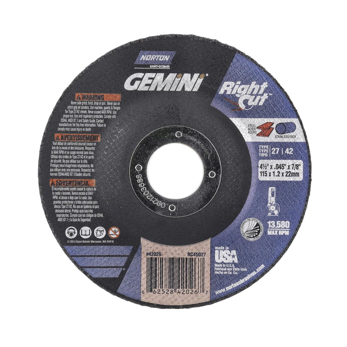 Norton 4-1/2 Inch Gemini Cut-Off Wheels for Right Angle Grinder, Durable Cutting Discs, Pack of 25
