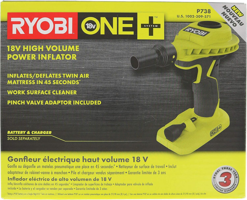 Ryobi P738 18V One+ Lithium Ion 18V One+ High Volume Power Inflator / Battery Powered Deflator for Mattresses and Recreational Inflatables (Renewed) | Battery and Charger Sold Separately - (Renewed)