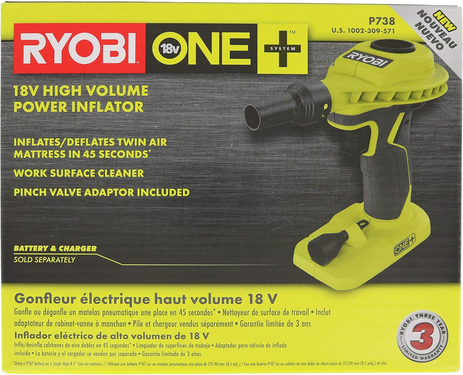Ryobi P738 18V One+ Lithium Ion 18V One+ High Volume Power Inflator / Battery Powered Deflator for Mattresses and Recreational Inflatables (Renewed) | Battery and Charger Sold Separately - (Renewed)