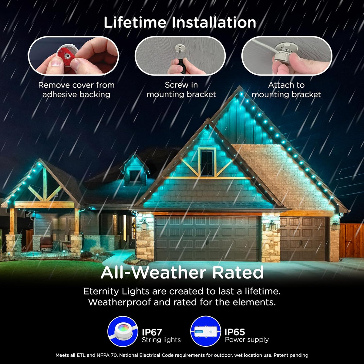 enbrighten eternity permanent outdoor lights, 100ft, 72 lights, side view