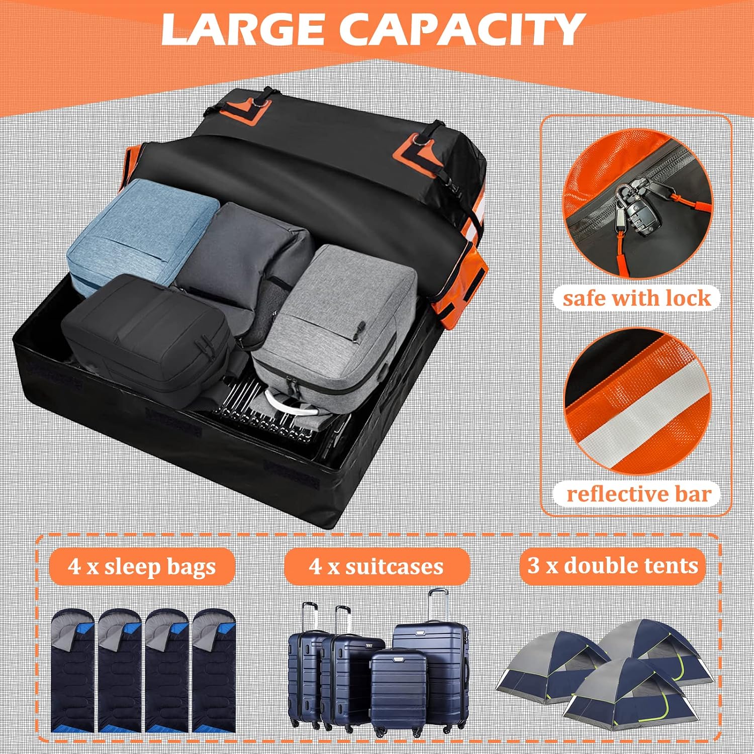 Big Ant Car Rooftop Cargo Carrier Bag, 15 Cubic Feet Waterproof Heavy Duty 840D Car Roof Bag for All Vehicle with/Without Rack - Includes Anti-Slip Mat, 8 Door Hooks, 2 Extra Straps, Luggage Lock