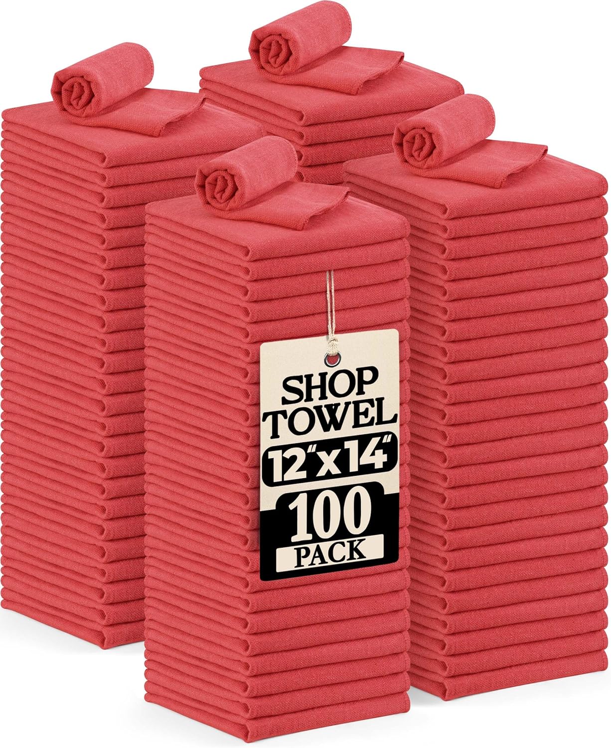 Utopia Towels Cotton Shop Towels 12x14 Inch, 100 Pack Soft, Absorbent Reusable Cotton Rags, Durable and Multipurpose Cleaning Shop Towel for Auto, Garage, Bar, & Home Cleaning (Red)