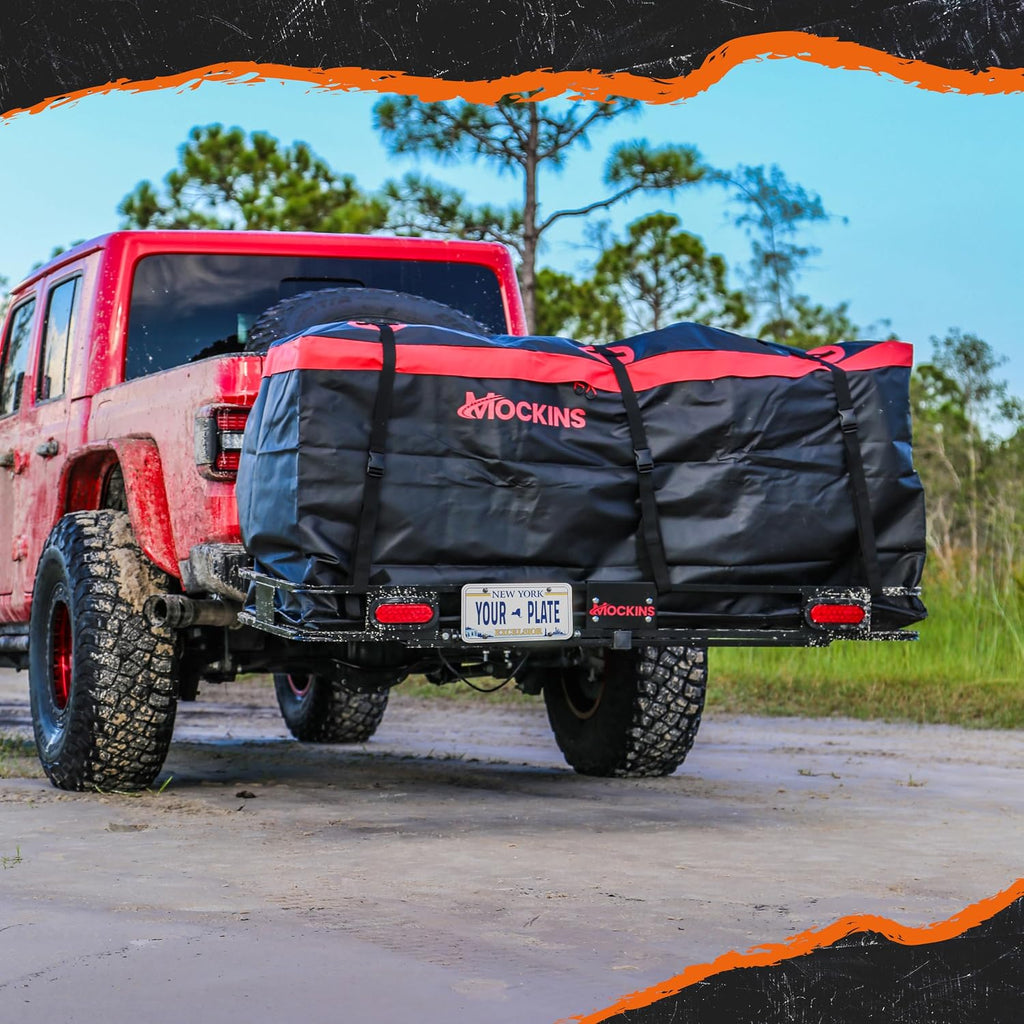 Mockins Trailer Hitch Cargo Carrier w/License Plate Holder & Rear Lights | 60"x20"x6" Heavy Duty 500 Lbs. Capacity Cargo Carrier Hitch Mount Basket | Folding Luggage Rack for SUV Car Truck & RV