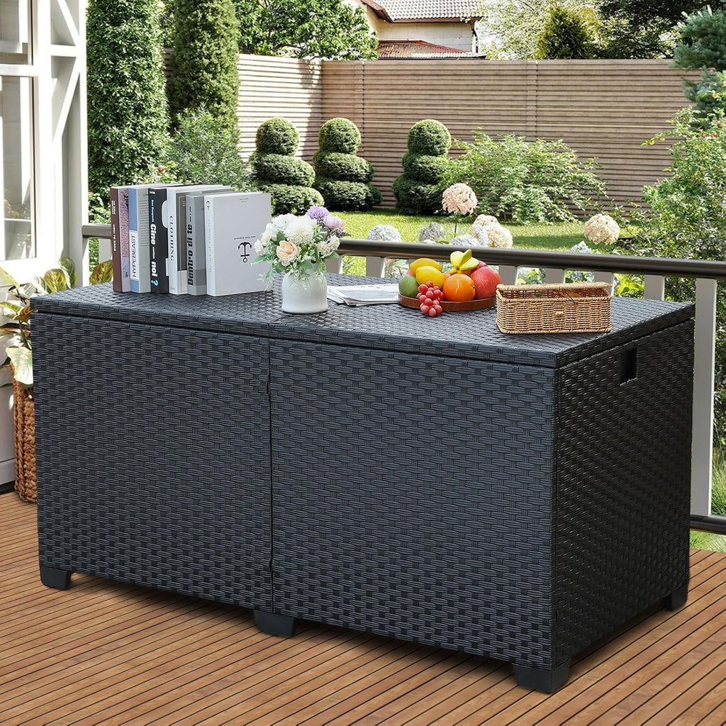 rattan star 180 gallon outdoor storage box deck shown in use