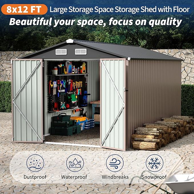 8x12x6.4 FT Outdoor Storage Sheds, Metal Garden Tool Shed - Image 4