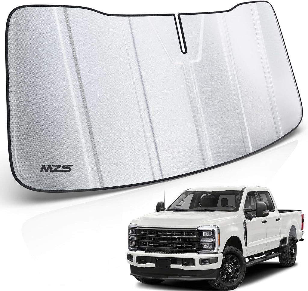 MZS Windshield Sun Shade Compatible with F250 F350 F450 F550 F600 2023-2026, Foldable Truck Sun Shade Shield with Storage Pouch, Front Window Visor Sunshade Accessories for Interior Protector