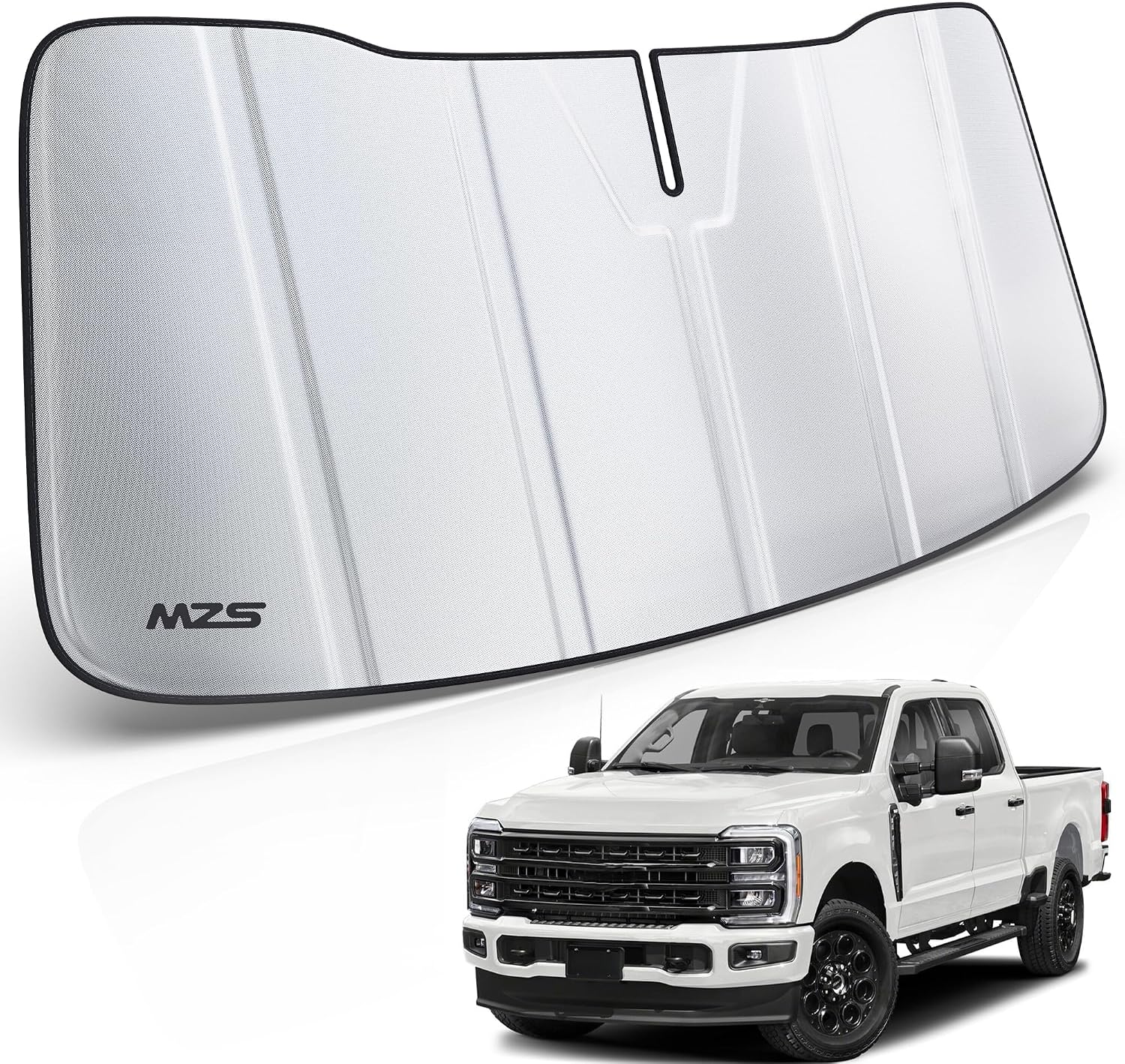 MZS Windshield Sun Shade Compatible with F250 F350 F450 F550 F600 2023-2026, Foldable Truck Sun Shade Shield with Storage Pouch, Front Window Visor Sunshade Accessories for Interior Protector
