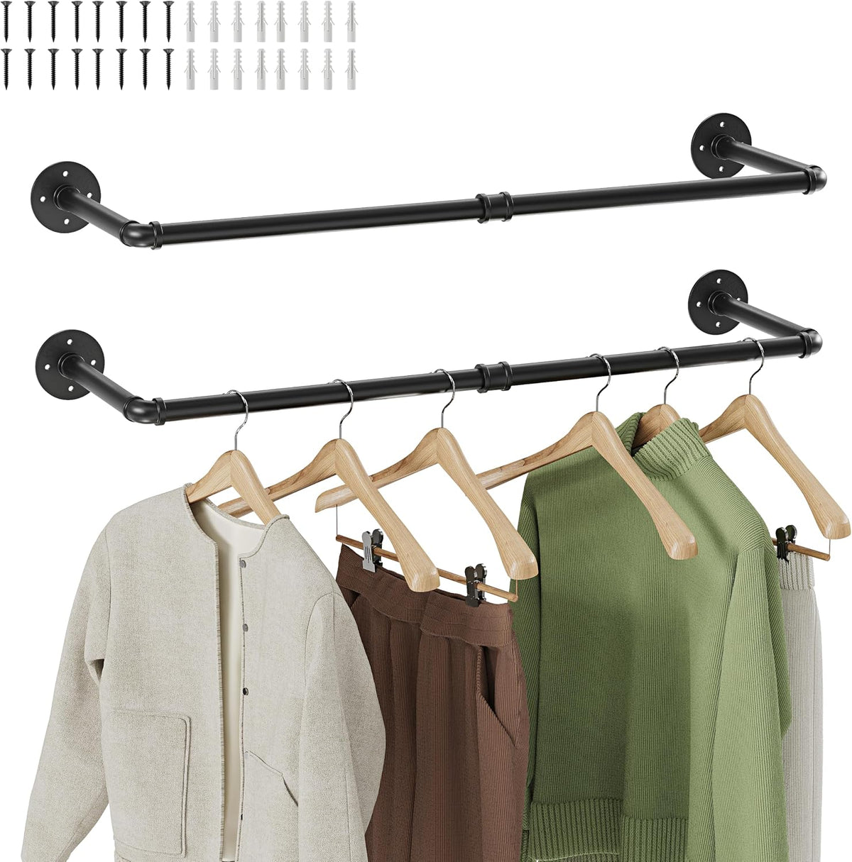 wall mounted clothes rack 2 pack, industrial pipe, main product view