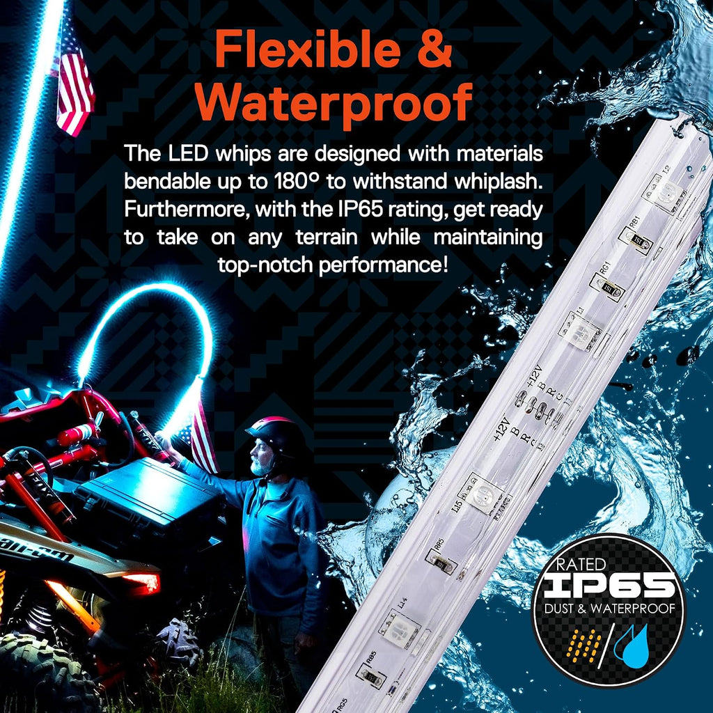 True Mods 4ft RGB LED Whip Light for UTV ATV [RF Wireless Remote] USA Flag Waterproof LED Lighted Whip CB Antenna Pole Stick for RZR Can-Am Polaris SxS 4x4 Quad Dune Buggy 4 Wheeler Accessories