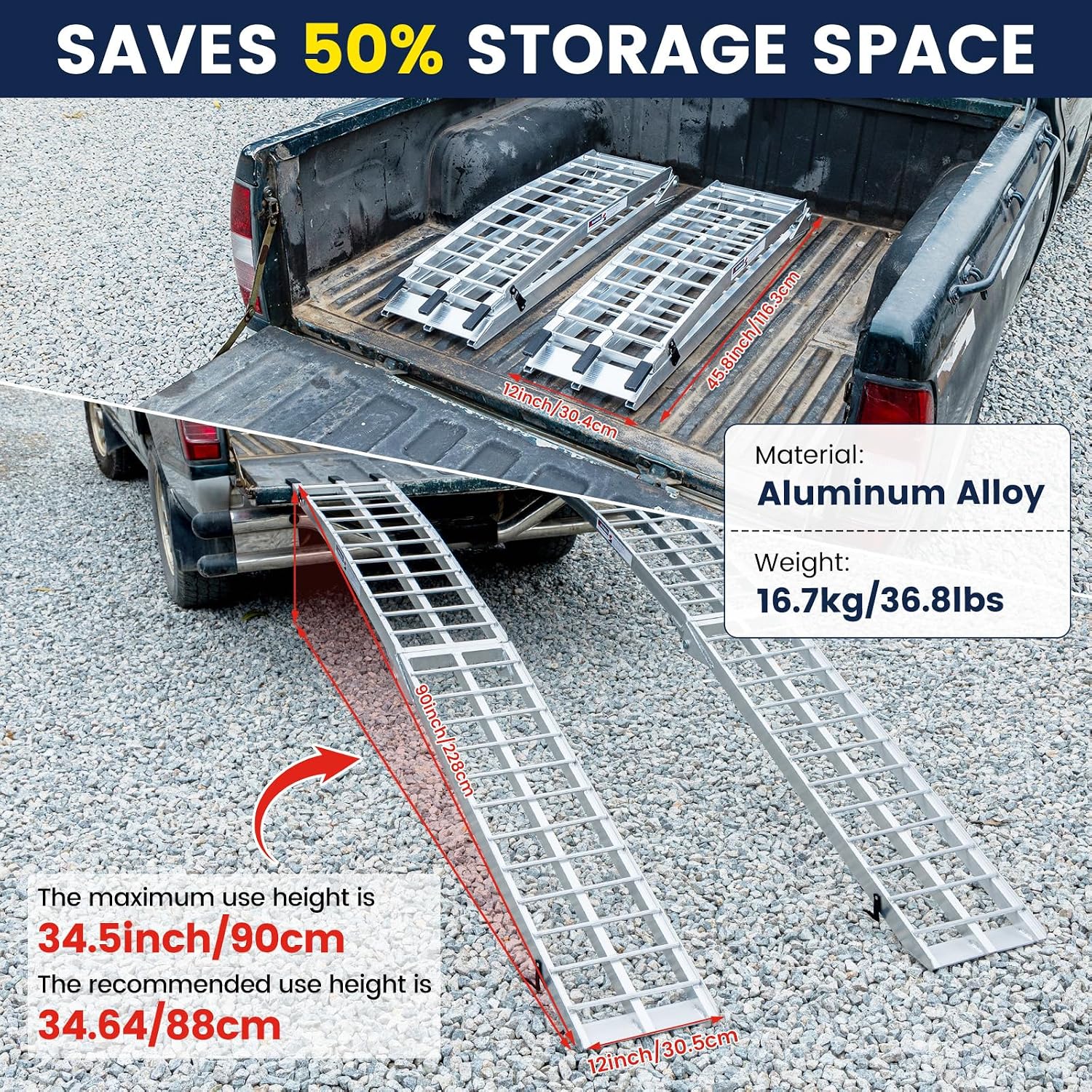 7.5FT Aluminum Loading Ramps, 1800 lbs Max Capacity, Folding Ramps for Pickup Truck & Trailer with Load Straps, for Loading Motorcycles, ATVs, Lawn Mowers, and Small Vehicles, 90" L x 12" W (2-Pack)