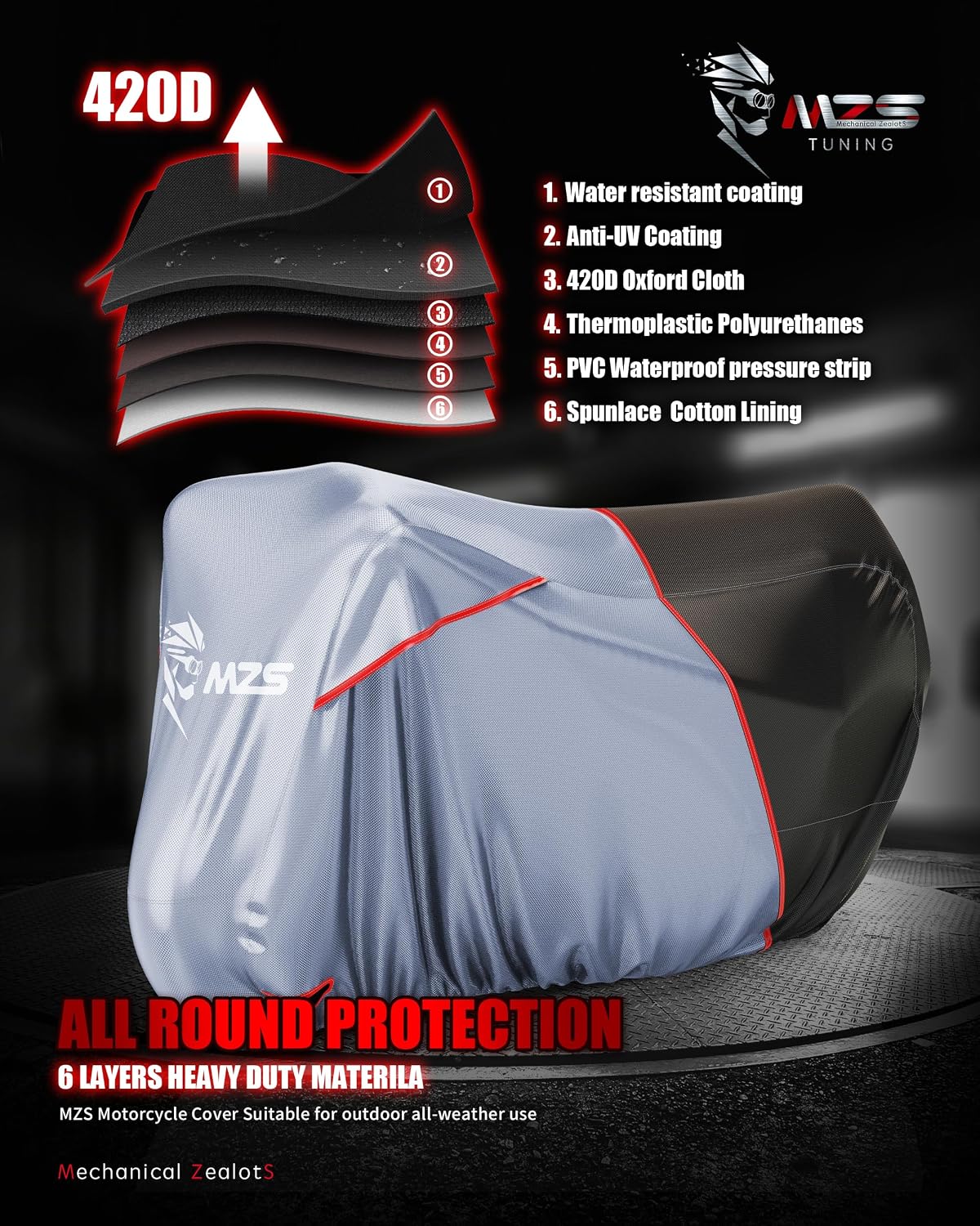MZS Motorcycle Cover Waterproof Outdoor, Heavy Duty All Season Weather Sun Protection with Storage Bag Vents Night Reflective Cotton Lining Lock Holes fits up to 86" Motorbikes Vehicle Covers