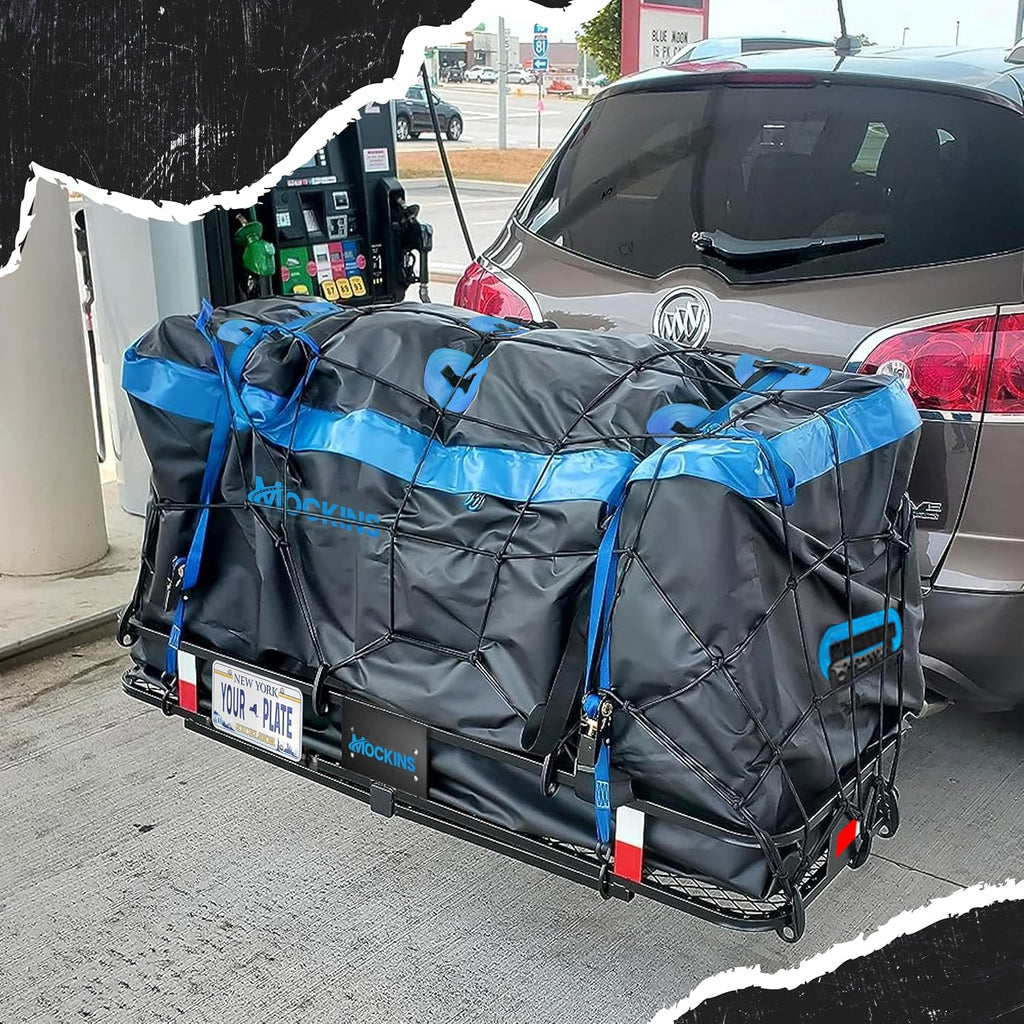 Mockins 60"x24"x6" Heavy Duty Steel Folding Trailer Hitch Cargo Carrier | w/ 25 Cu Ft Waterproof Cargo Bag for Hitch Carrier | 500 lbs Luggage Rack for SUV Car & Truck w/ Plate Bracket & Accessories