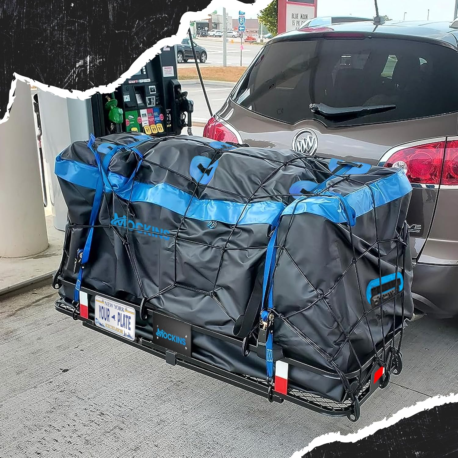 Mockins 60"x24"x6" Heavy Duty Steel Folding Trailer Hitch Cargo Carrier | w/ 25 Cu Ft Waterproof Cargo Bag for Hitch Carrier | 500 lbs Luggage Rack for SUV Car & Truck w/ Plate Bracket & Accessories