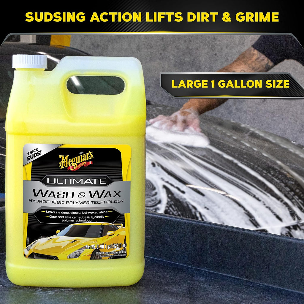 Meguiar's Ultimate Wash and Wax, Car Wash Soap and Wax Cleans & Shines in One Step, Shine & Protect with an Enhanced pH Balanced Car Paint Cleaner, 1 Gallon