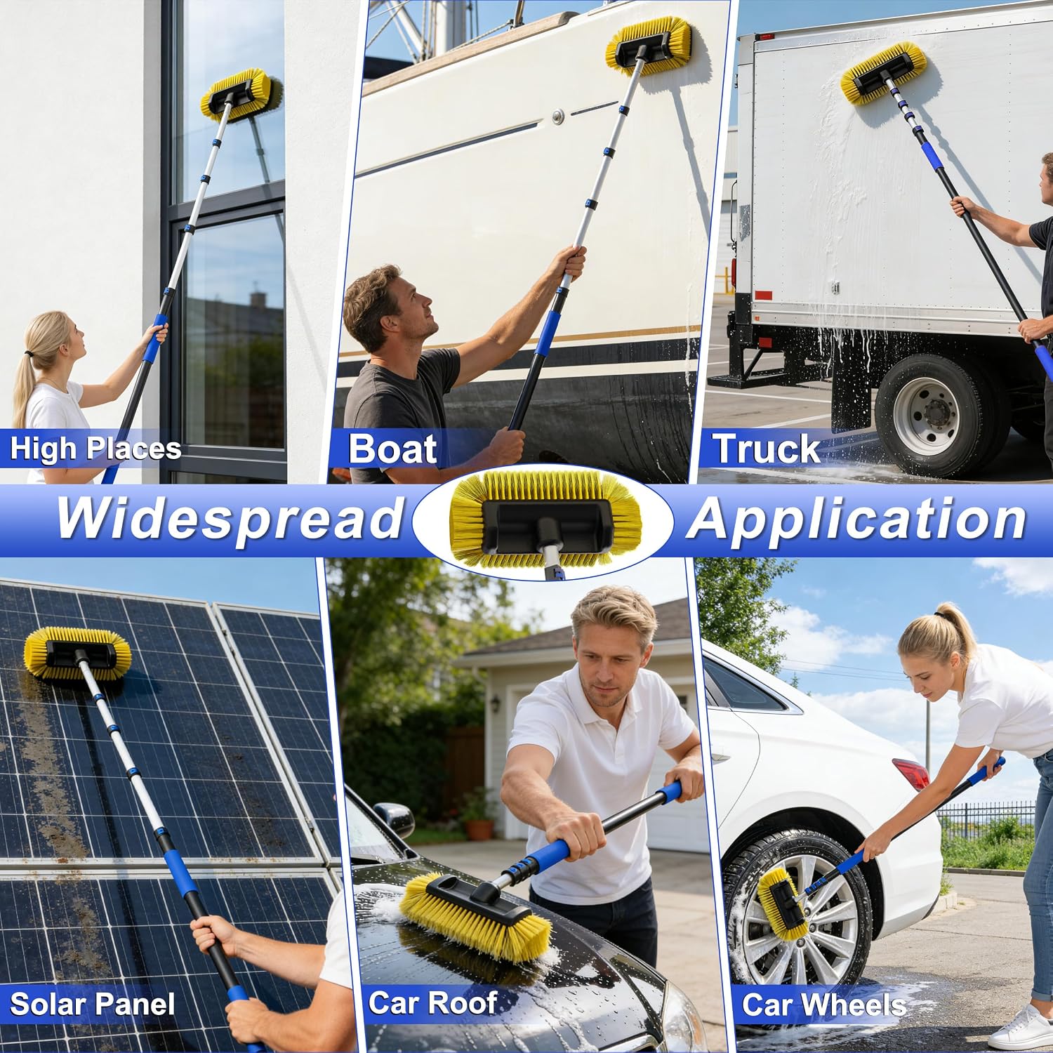 18FT Reach Car Wash Brush with Long Handle, 3 to 12 FT Car Cleaning Brush with Soft Bristle, Aluminium Telescoping Pole for Solar Panel, House Siding, SUV, Cars, Trucks, RV, Floors, Navy