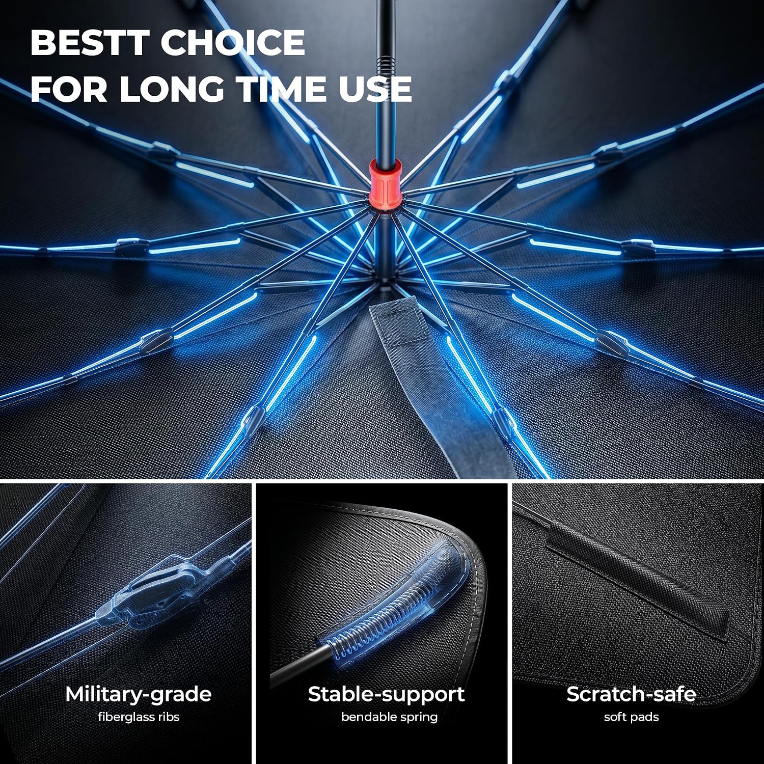 DMJN Umbrella Windshield Sun Shade for Car & SUV, Car Sunshade for Front Windshield [Nano Ice-Crystal Coatings] UPF50+ Heat & UV Block, Protect Interior & Keep Cooler Universal for Most of Sedan & SUV