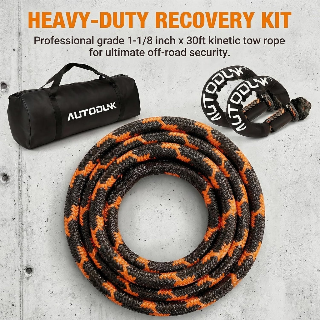1-1/8" x 30' Kinetic Recovery Tow Rope (48,600lbs), with 2 Soft Shackles Offroad Recovery Kit for 4WD Pick Up Truck, SUV, ATV, UTV (Black&Orange)