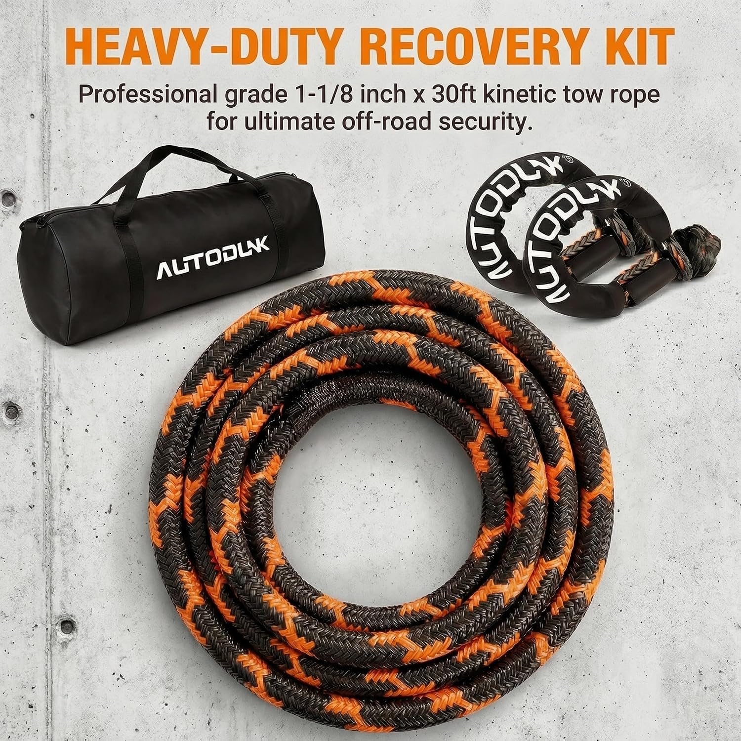 1-1/8" x 30' Kinetic Recovery Tow Rope (48,600lbs), with 2 Soft Shackles Offroad Recovery Kit for 4WD Pick Up Truck, SUV, ATV, UTV (Black&Orange)