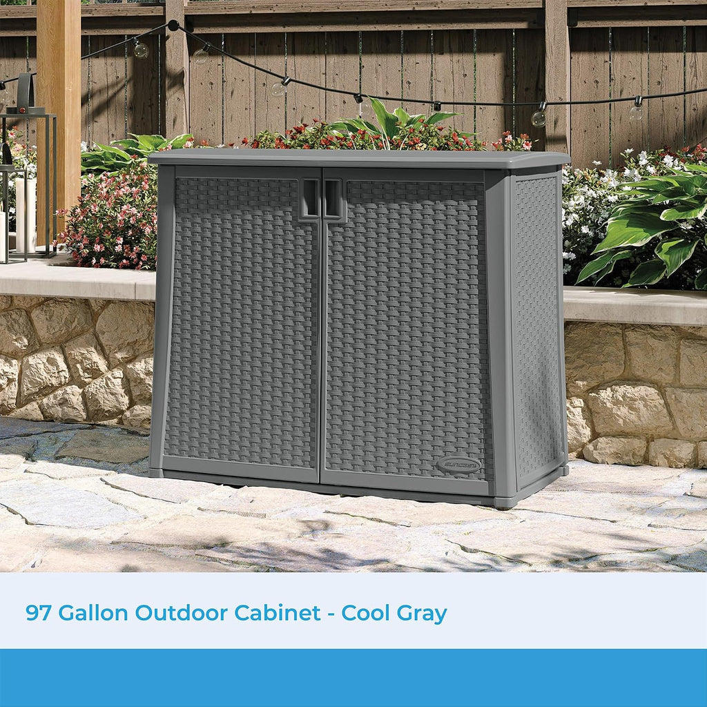 suncast lockable outdoor cabinet storage for patio, garden shown in use