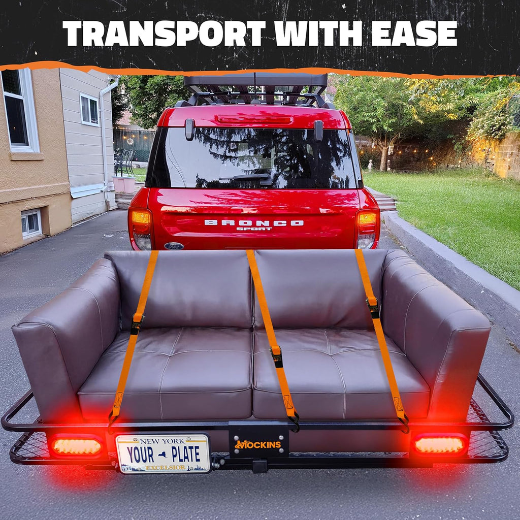Mockins 72"x36"x6" XXL Folding Trailer Hitch Cargo Carrier w/ 500 Lbs Cap | W/ 50 CuFt Waterproof Cargo Bag for Hitch Carrier | Luggage Rack for SUV Car & Truck w/ Lights, License Plate Holder & More