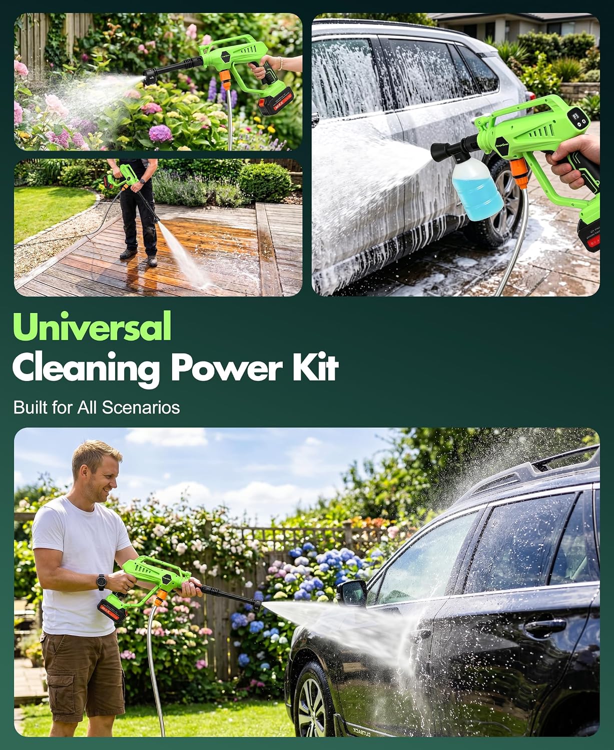 DeeprClean Cordless Car Washer with 6-in-1 Nozzle, Portable Vehicle Cleaning Tool with Brushless Motor |3 Adjustable Levels & Battery Display | Lightweight Spray Tool for Car, Patio Outdoor Use-Lime