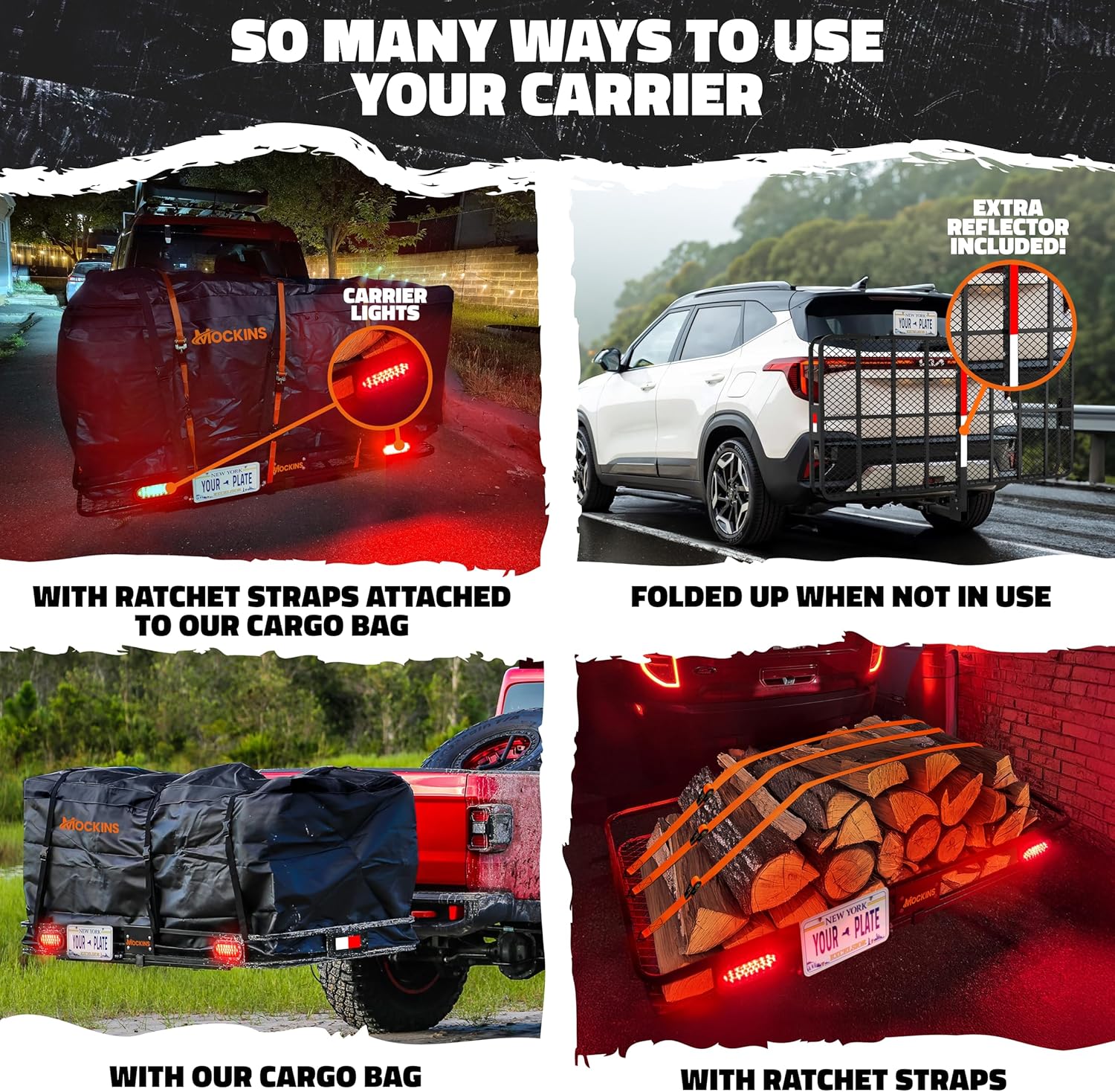 Mockins 72"x36"x6" XXL Folding Trailer Hitch Cargo Carrier w/ 500 Lbs Cap | W/ 50 CuFt Waterproof Cargo Bag for Hitch Carrier | Luggage Rack for SUV Car & Truck w/ Lights, License Plate Holder & More