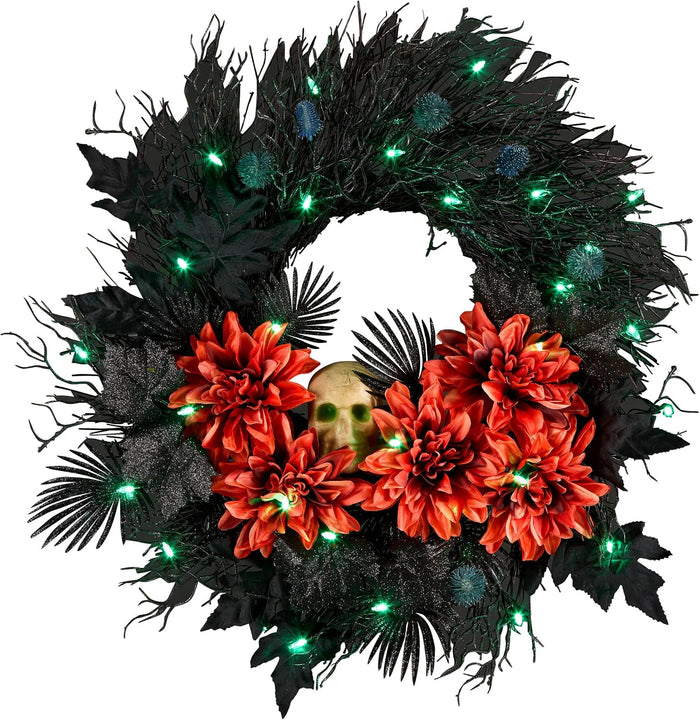 National Tree Company, 24inch Artificial Boo-Tiful Halloween Wreath with Orange Florals and White Skull, 30 Green LED Lights
