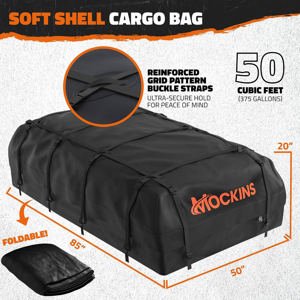 Mockins 90"x50"x5" XXL Heavy Duty Roof Rack Cargo Carrier w/ 250 Lbs. Cap | With 50 Cu Ft Waterproof Soft Vinyl Rooftop Cargo Bag | Roof Basket for SUV Car Truck RV & Van w/ Car Top Carrier Accessories