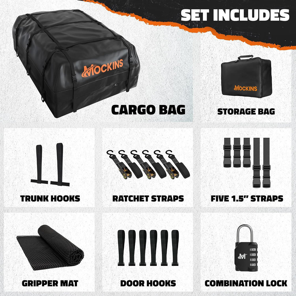 Mockins 40 CuFt XXL Soft-Shell Car Roof Bag 72"x48"x20" with Accessories | Waterproof Rooftop Cargo Carrier for Top of Vehicle | Car Top Carrier Without Roof Rack for Car, Truck, SUV, Van & RV