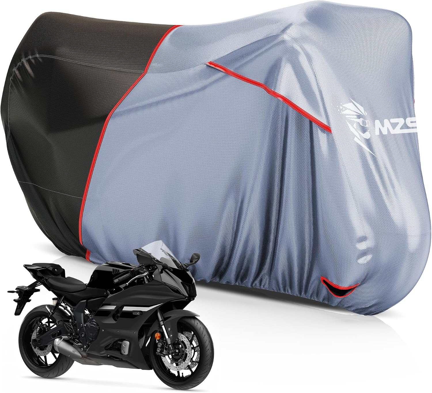 MZS Motorcycle Cover Waterproof Outdoor, Heavy Duty All Season Weather Sun Protection with Storage Bag Vents Night Reflective Cotton Lining Lock Holes fits up to 86" Motorbikes Vehicle Covers