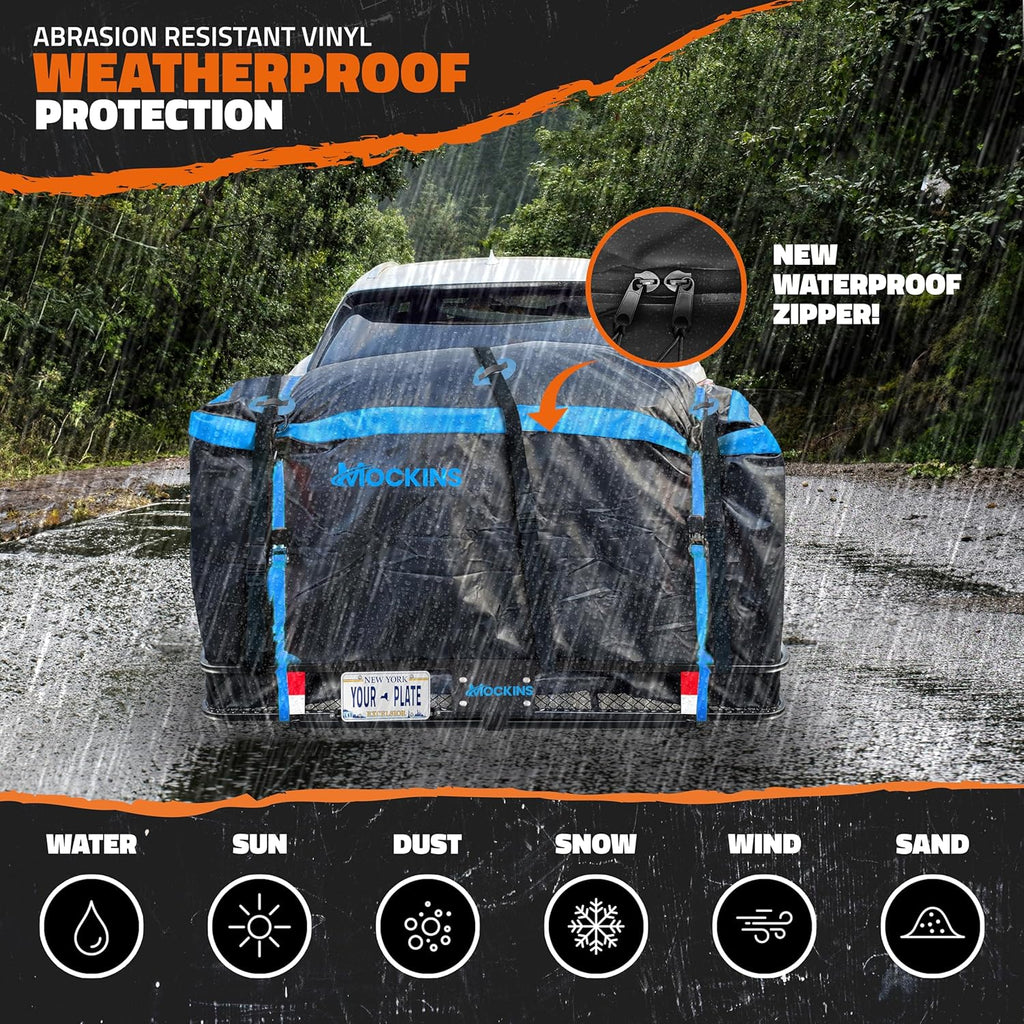 Mockins 60"x24"x6" Heavy Duty Steel Folding Trailer Hitch Cargo Carrier | w/ 25 Cu Ft Waterproof Cargo Bag for Hitch Carrier | 500 lbs Luggage Rack for SUV Car & Truck w/ Plate Bracket & Accessories