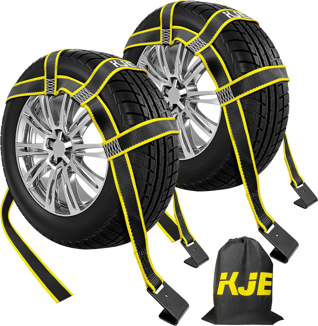 KJE 2 Pack Reflective Tow Dolly Straps Heavy Duty,Car Tow Dolly Basket Straps with Flat Hook, 10,000 lbs Breaking Strength, Fits 14"-19" Tires Wheels for Car Hauler Trailer