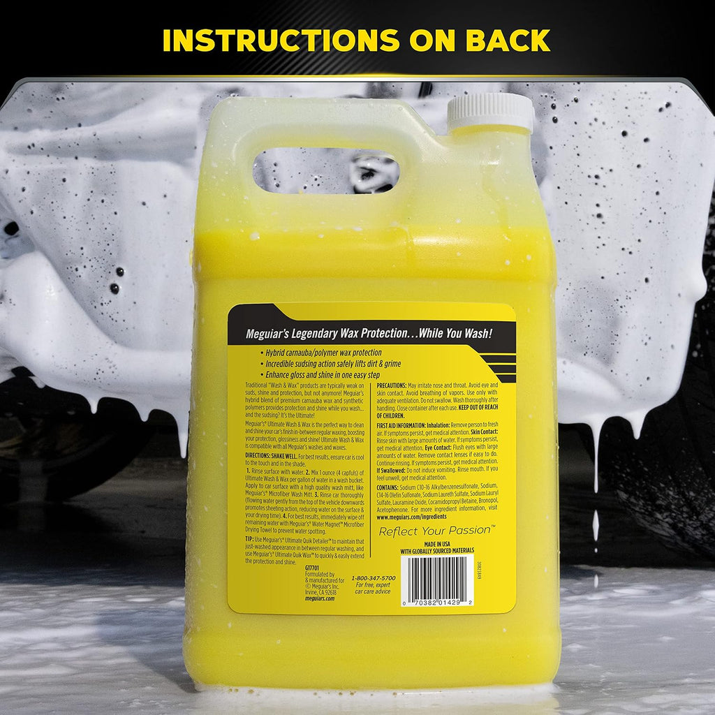 Meguiar's Ultimate Wash and Wax, Car Wash Soap and Wax Cleans & Shines in One Step, Shine & Protect with an Enhanced pH Balanced Car Paint Cleaner, 1 Gallon