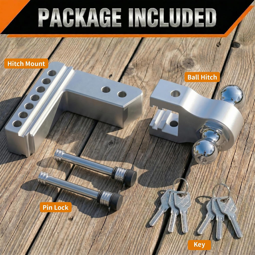 Adjustable Trailer Hitch, Fit 2.5 Inch Receiver, 18,500 LBS GTW, Heavy Duty Aluminum Drop Hitch with 2" & 2-5/16" Chrome Plated Steel Ball Mounts for Trucks, 6 Inch Drop/Rise, 2 Anti-Theft Pins