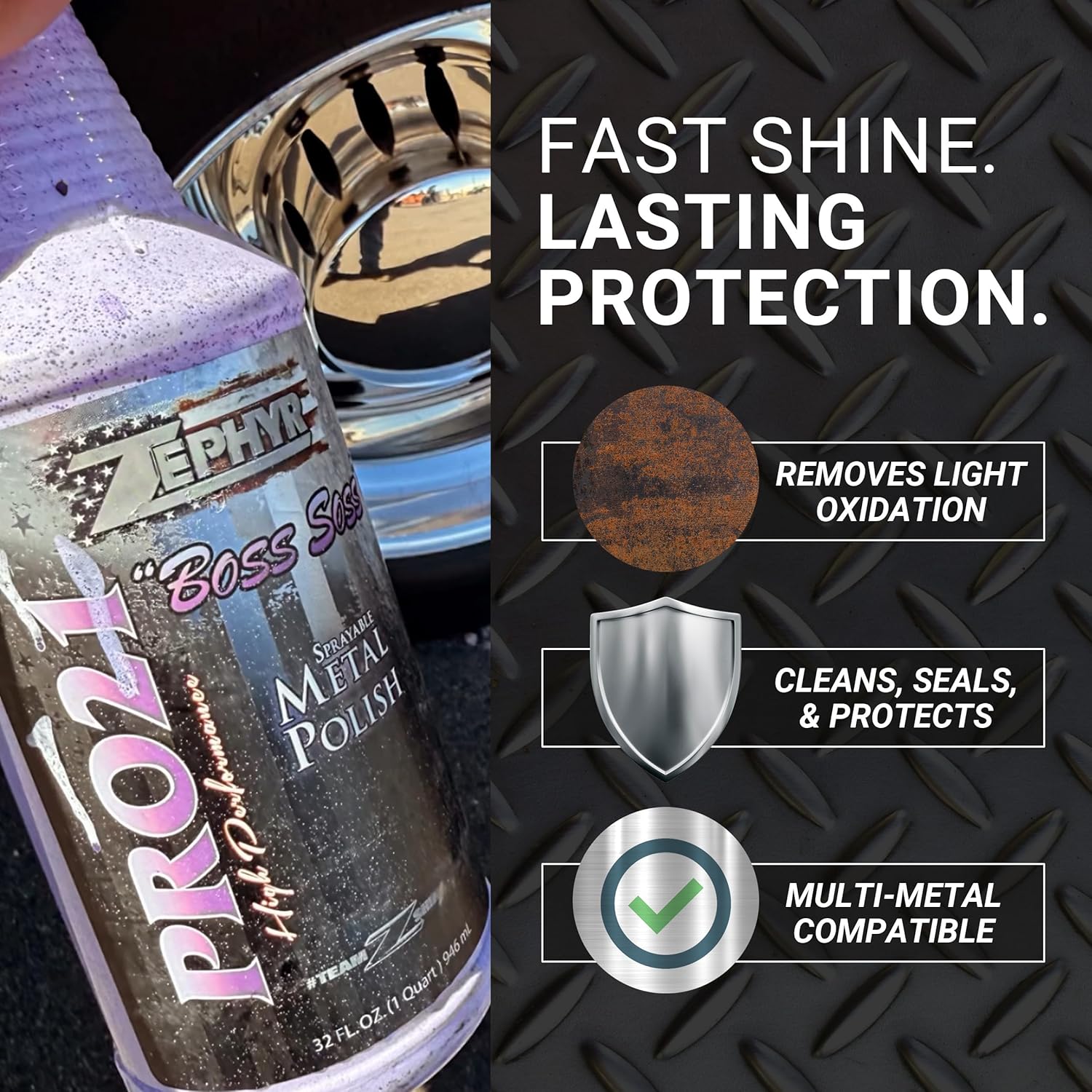 Zephyr - Pro 21 Boss Soss Sprayable Metal Polish - Stainless Steel, Chrome, & Aluminum Polish - Sprayable Metal Polishing for Copper, Silver, Bronze, & More - 32 oz.