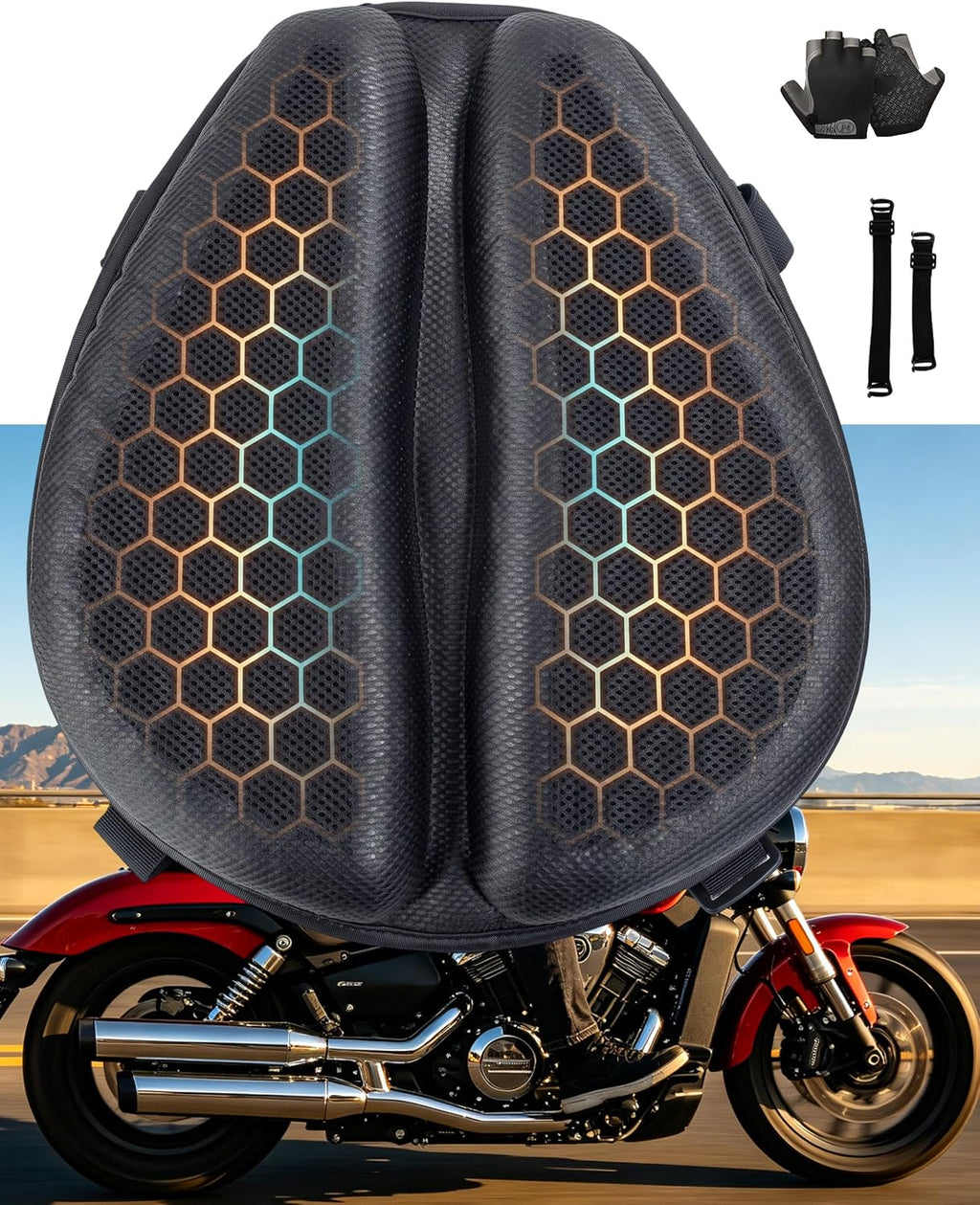 Motorcycle Seat Cushion, Hex Rider 3D Honeycomb Cushion | Tailbone Cutout Pressure Relief Cooling Seat Pad Protect Sensitive Areas Universal Shock Absorbing Non‑Slip for Long Distance